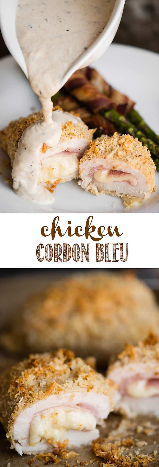 Chicken Cordon Bleu with Dijon Cream Sauce is an easy dinner you family will love. Tender boneless skinless chicken breasts are pounded thin, stuffed with swiss cheese and ham, coated with parmesan and bread crumbs, then baked to perfection. They are smothered in a flavorful cream sauce creating the perfect main dish! #chickencordonbleu #chicken #ham #cheese #creamsauce
