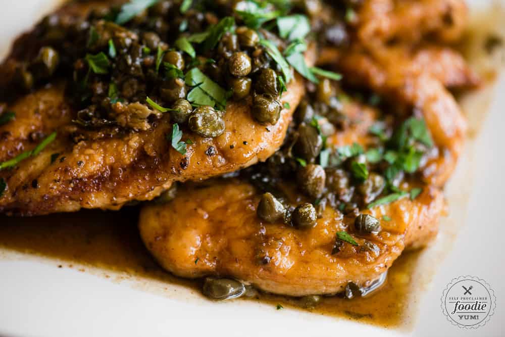 Close picture of homemade Chicken Piccata with capers