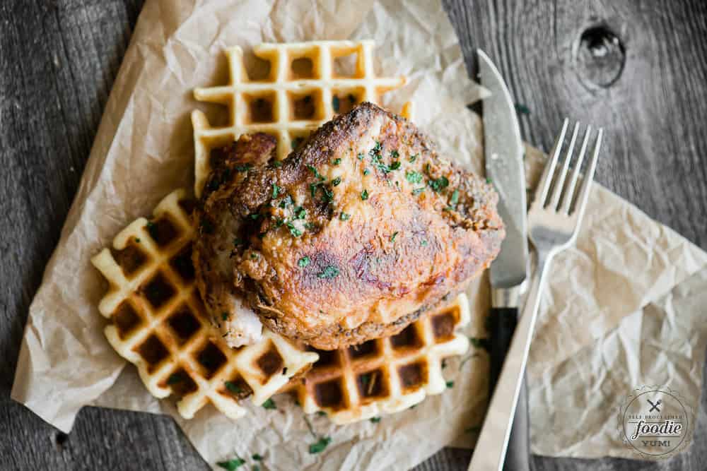 Fried Chicken on top of belgian Waffles