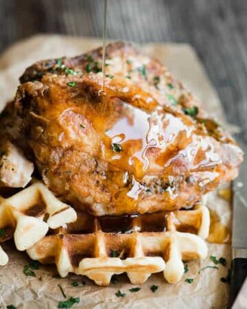 Syrup on top of Chicken and Waffles