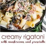 bowl of creamy rigatoni pasta with mushrooms and prosciutto