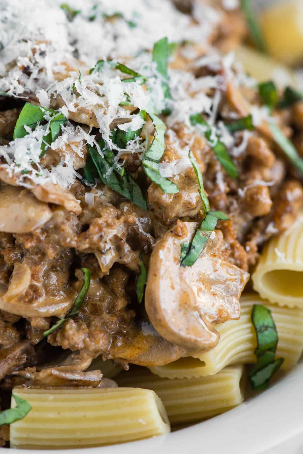 sausage mushroom rigatoni with basil and parmesan