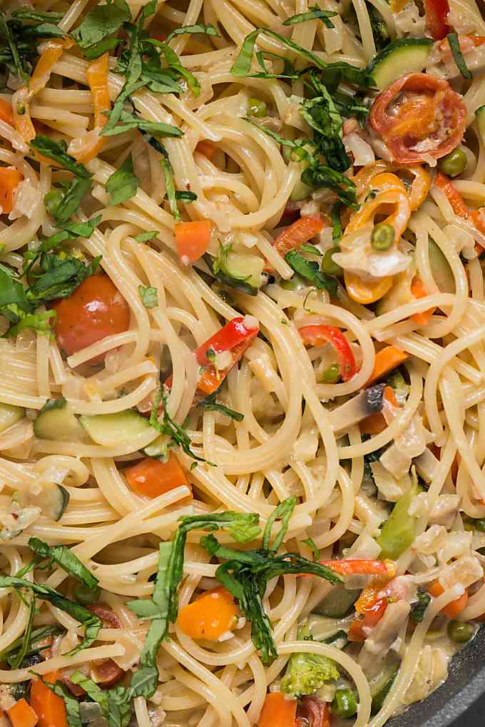 a close up of dozen veggie pasta primavera