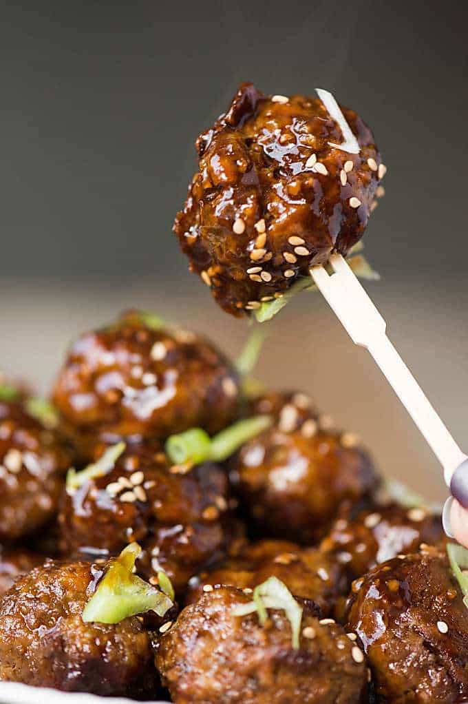 An easy teriyaki meatball on a wooden pick