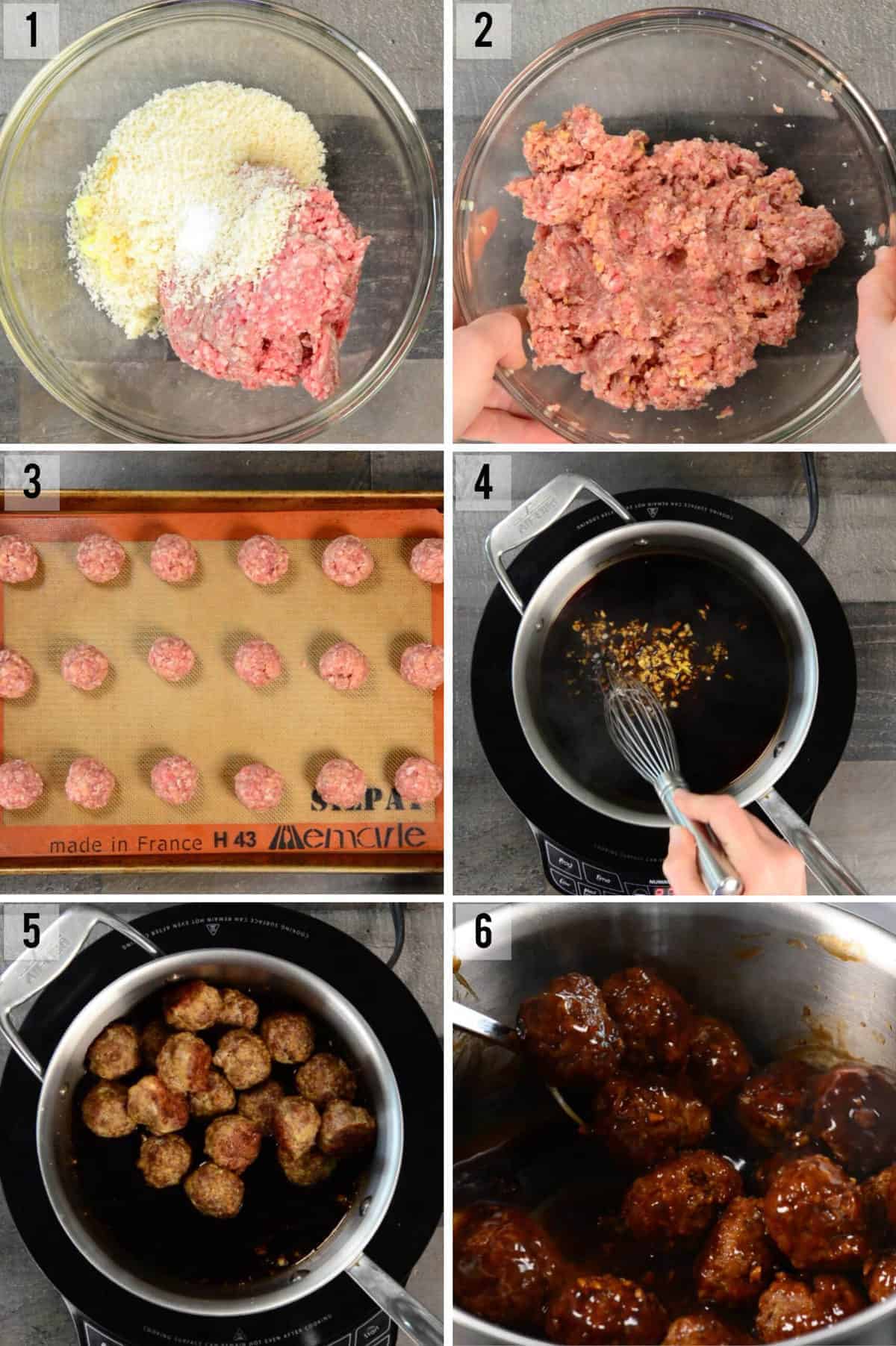process photos of how to make homemade meatballs with teriyaki sauce