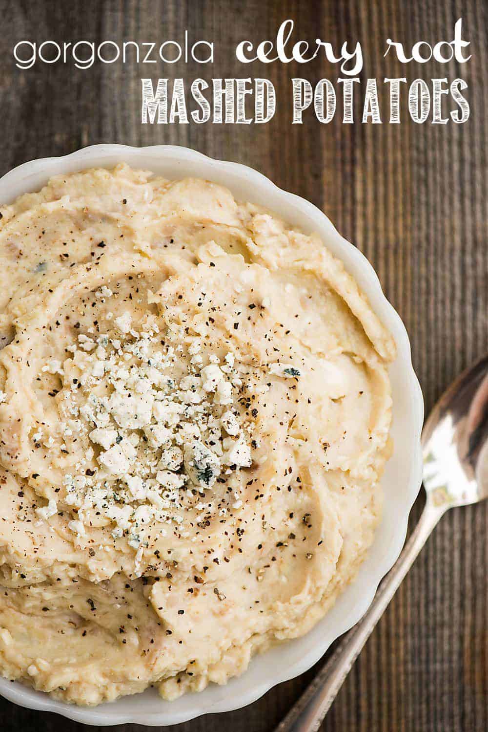 A close up of a plate Gorgonzola celery root mashed potatoes