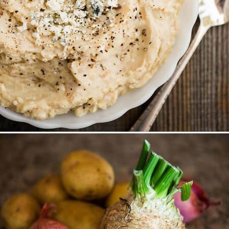Gorgonzola Celery Root Mashed Potatoes are the creamiest, most flavorful side dish recipe I've ever enjoyed! Perfect for Thanksgiving or a weekday dinner!