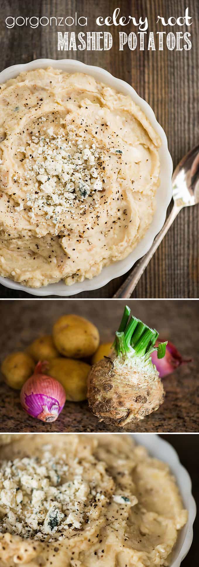 Gorgonzola Celery Root Mashed Potatoes are the creamiest, most flavorful side dish recipe I\'ve ever enjoyed! Perfect for Thanksgiving or a weekday dinner!