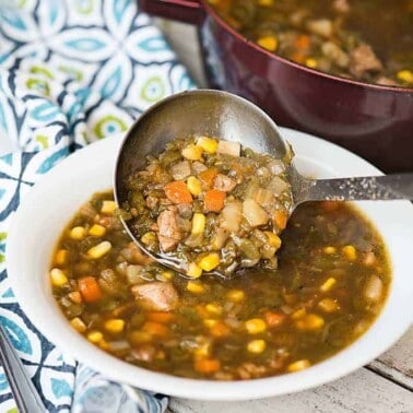 My Green Chile Stew, made with New Mexican roasted Hatch green chile, pork tenderloin, potatoes and corn, is the ultimate spicy and healthy comfort food!