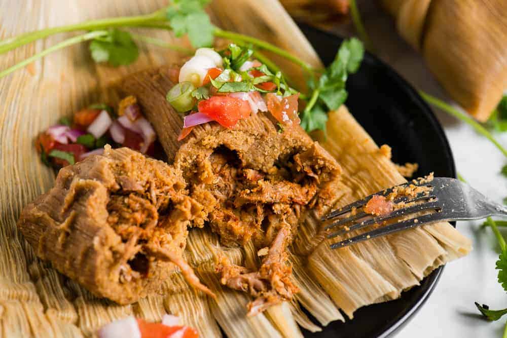 inside of Authentic Instant Pot Pork Tamales