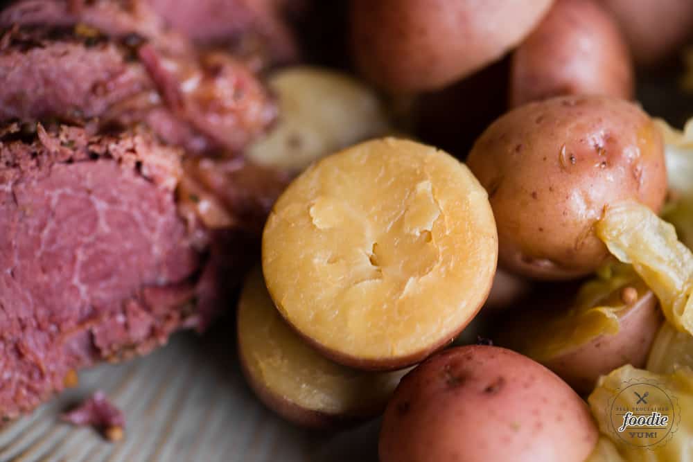 halved potatoes with beef and cabbage