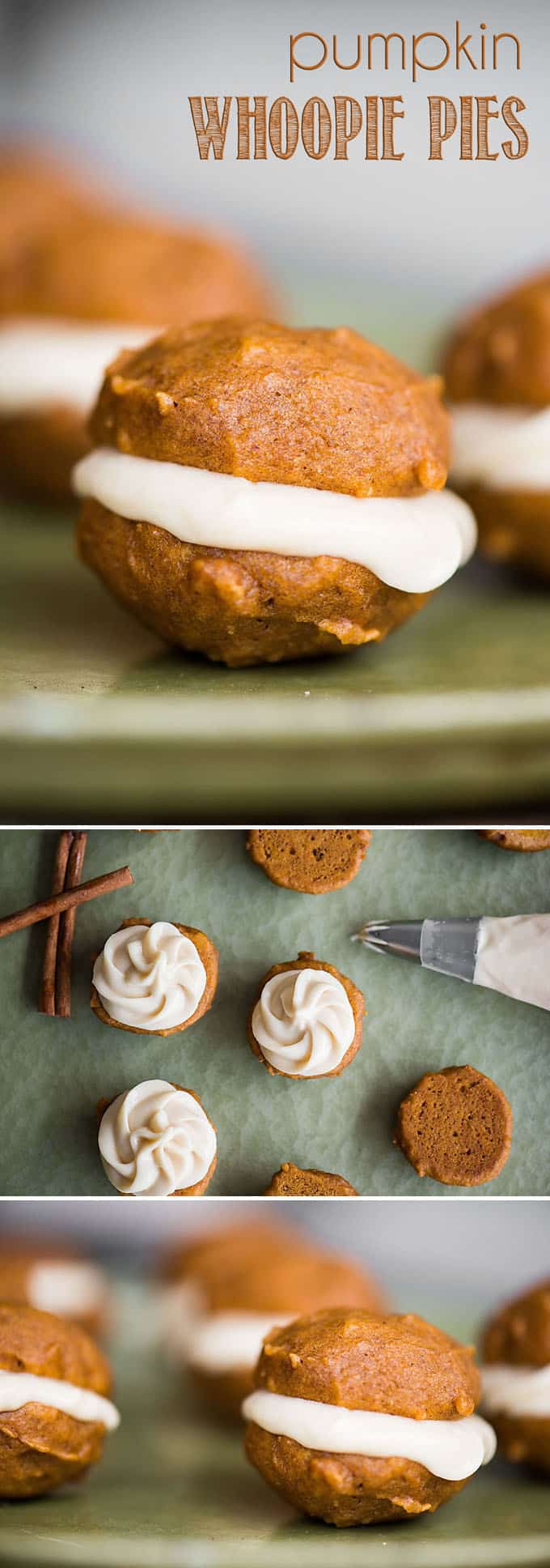 Pumpkin Whoopie Pies, made with super soft homemade pumpkin cookies and maple cream cheese filling, are the perfect fall two-bite dessert!