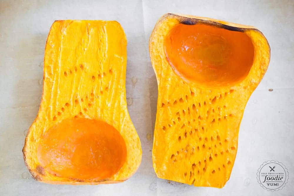 roasted butternut squash cut in half.