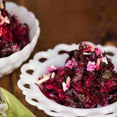 Shredded Beet and Kale Salad with a homemade vinaigrette is a healthy, vibrant, and colorful side dish that goes great with family dinner!