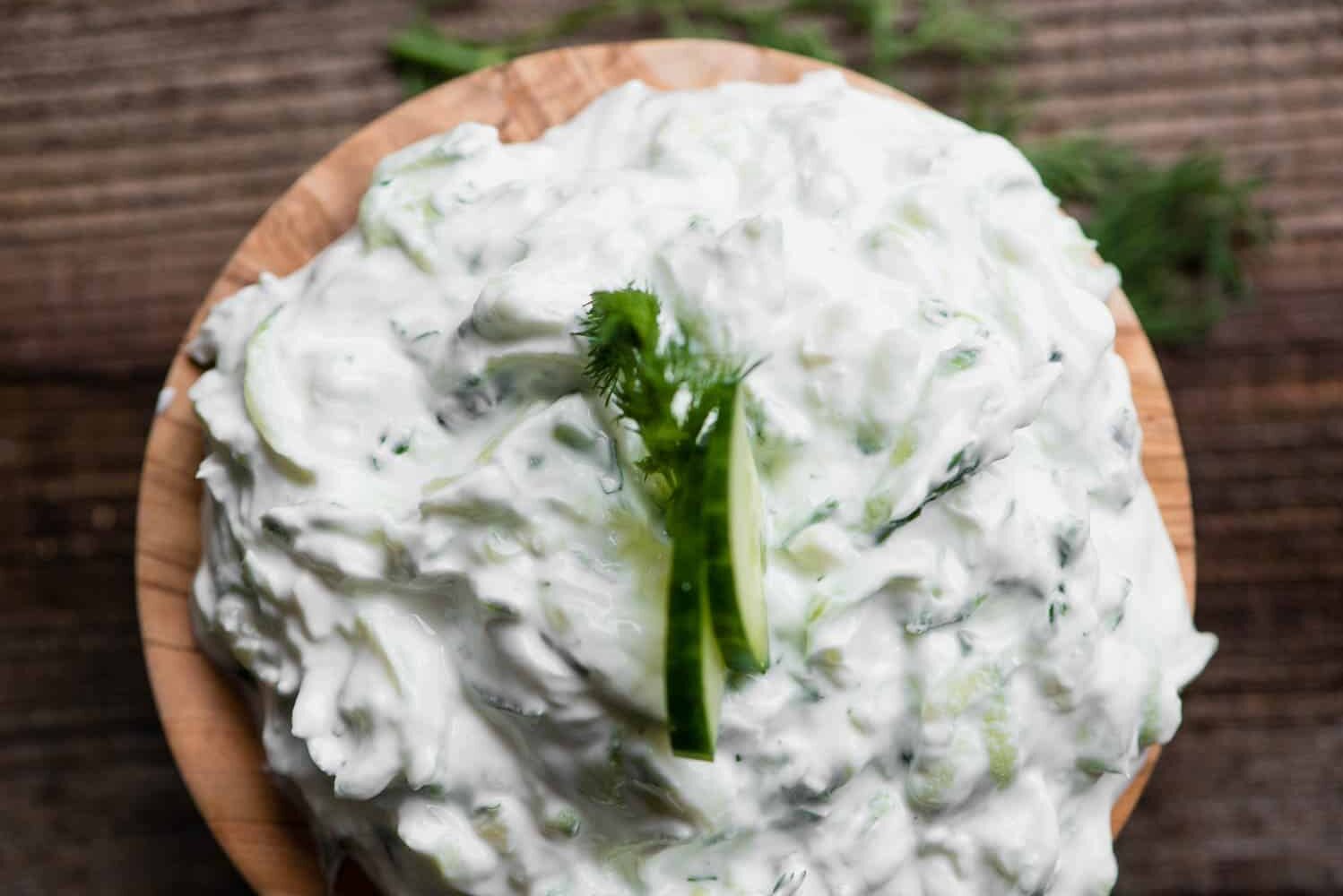 bowl of greek yogurt Tzatziki with shredded cucumber