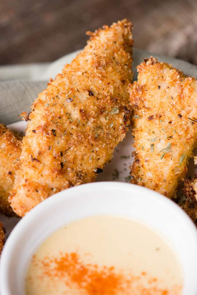 close up of an air fried chicken tender