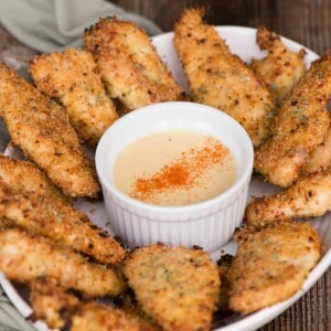 platter of Air Fryer Chicken Tenders with honey mustard tipping sauce