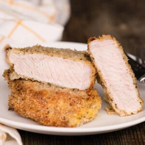 breaded pork chop cut in half