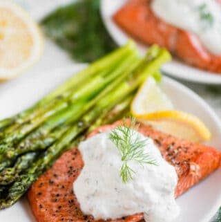 how to make Air Fryer Salmon and Asparagus with a Lemon Dill Sauce