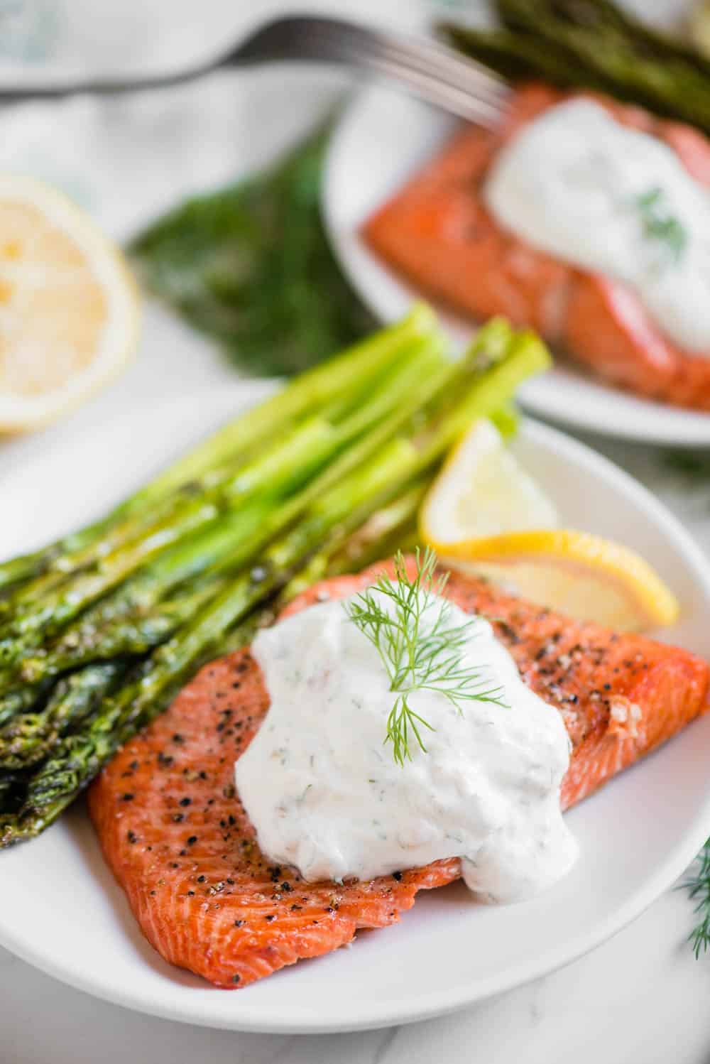 how to make Air Fryer Salmon and Asparagus with a Lemon Dill Sauce