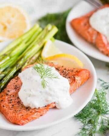 recipe for Air Fryer Salmon and Asparagus with a Lemon Dill Sauce