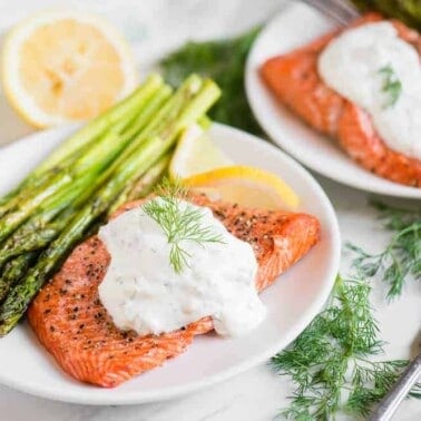 recipe for Air Fryer Salmon and Asparagus with a Lemon Dill Sauce