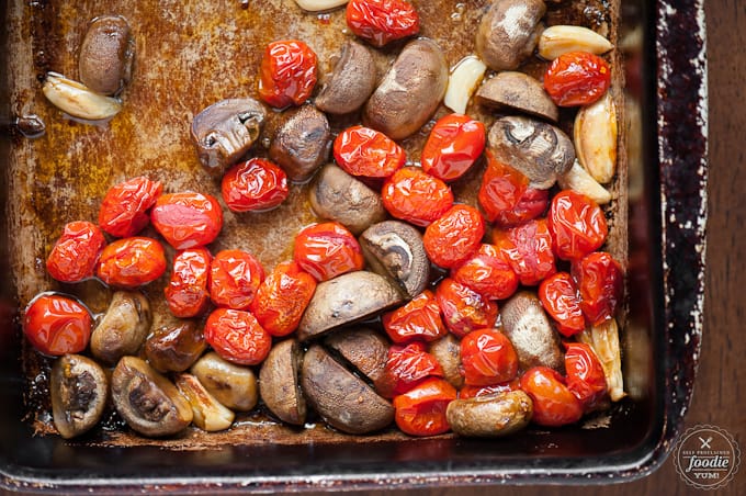 roasted garlic with cherry tomatoes and mushrooms