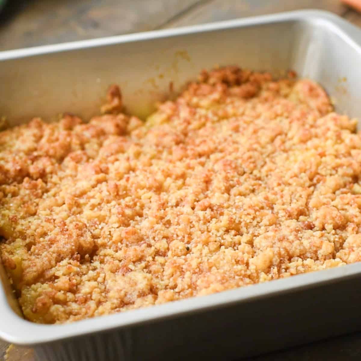 Crumb topping on top of apple brown betty.