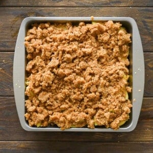 apple brown betty with crumb topping ready to go into oven.
