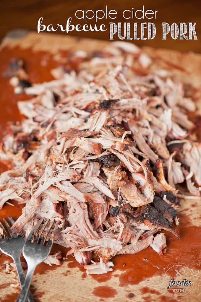 Shredded pulled pork that soaked in an apple cider brine and then smoked on the grill