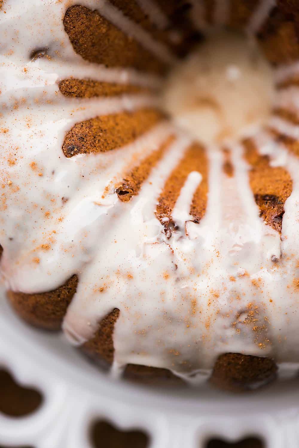 A close up of apple pecan bundt cake