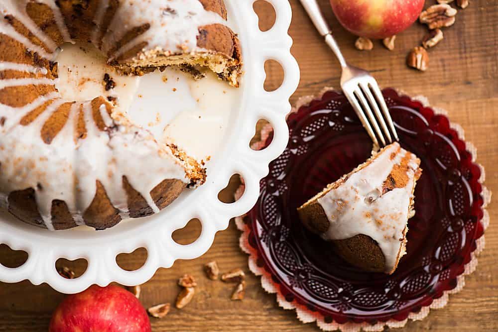 apple bundt cake slice on a red plate