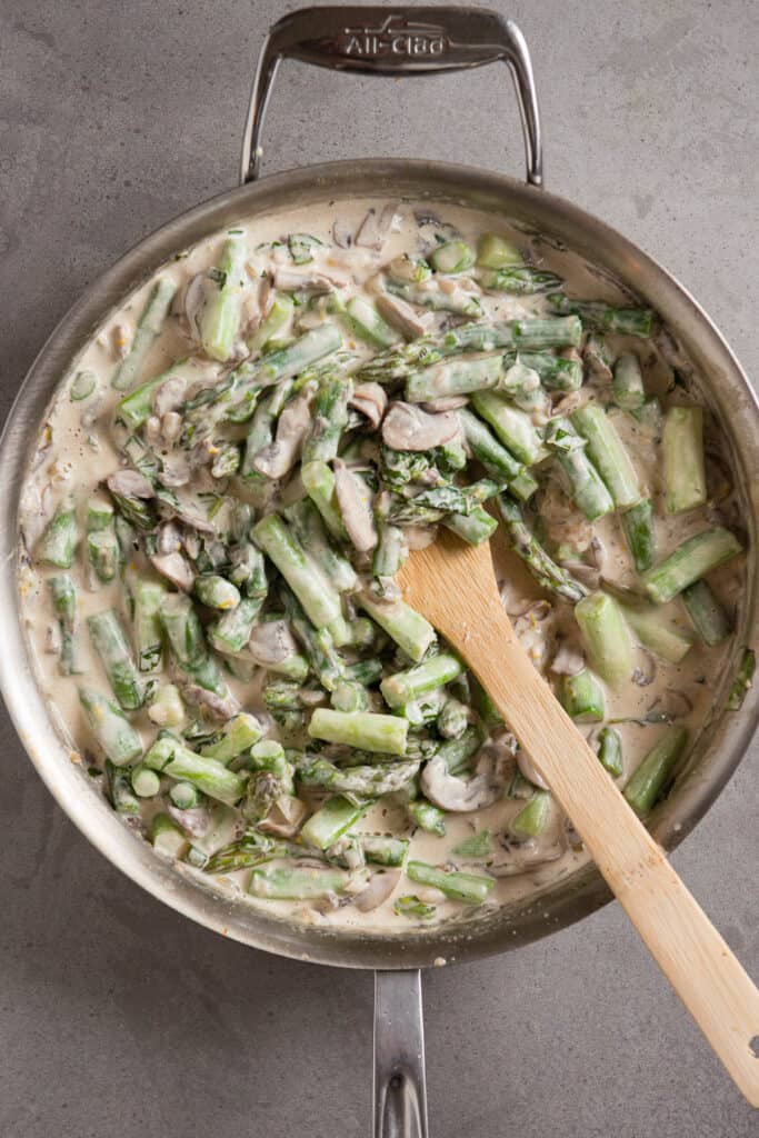 blanched asparagus in mushroom cream sauce.