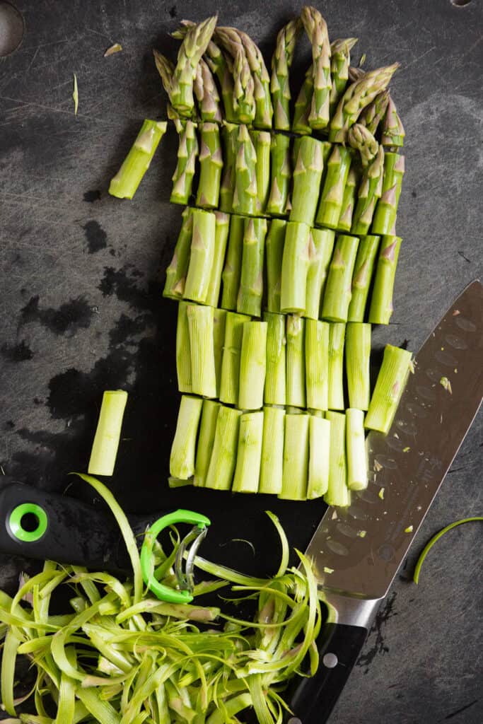 peeling and cutting asparagus