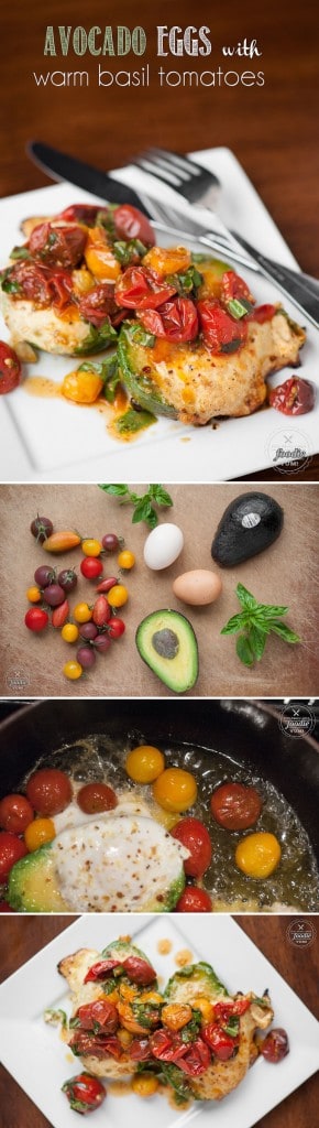 Looking for a rich and delicious breakfast that is also healthy and gluten free? These Avocado Eggs with Warm Basil Tomatoes are a must-make recipe.