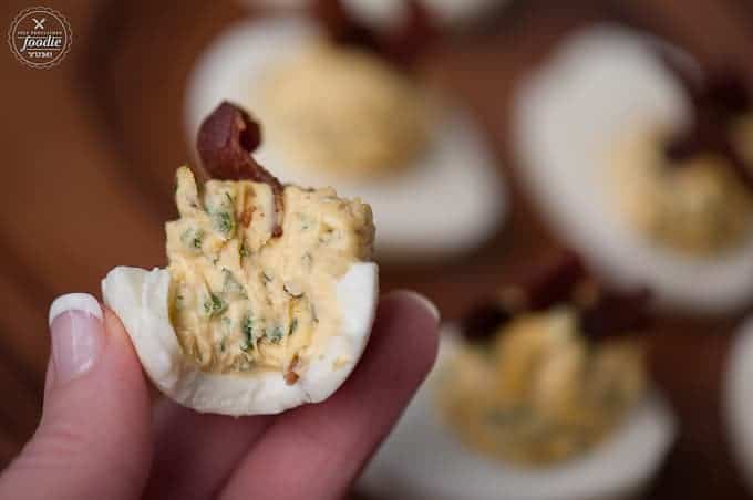 Bacon Jalapeño Deviled Egg with bite taken out