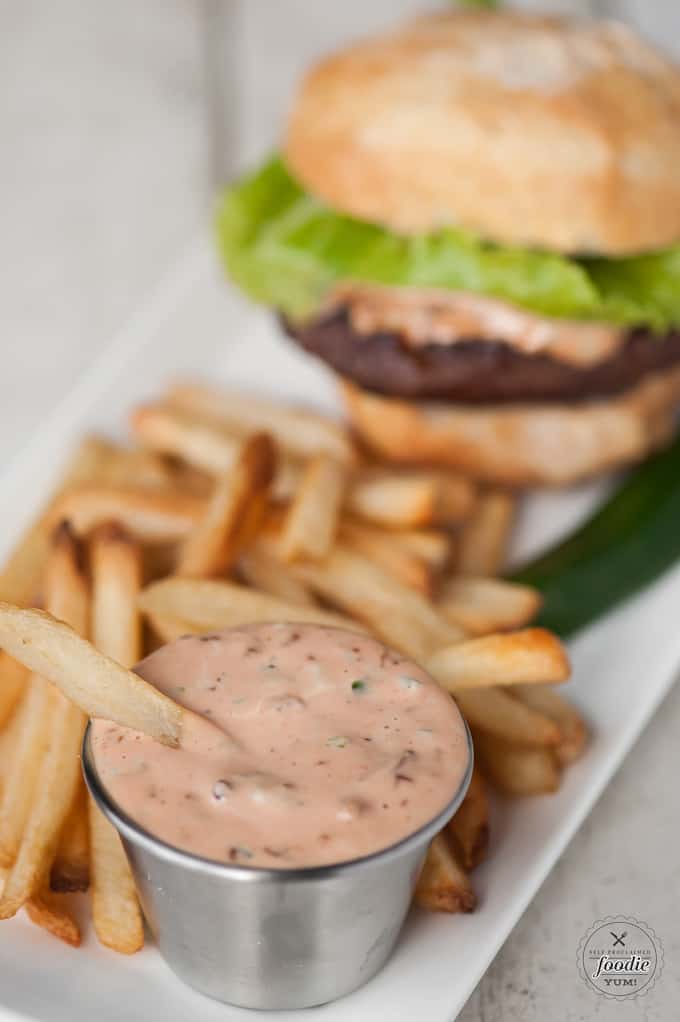 Bacon Jalapeno Fry Sauce in silver dish with burger and fries
