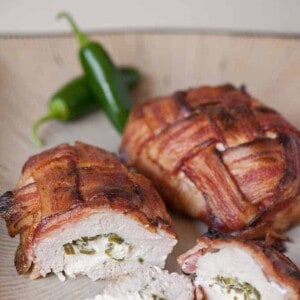 chicken breast covered in bacon weave