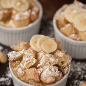 My rich and filling Baked Banana Macadamia French Toast with its cream cheese filling is prepared the day before, soaked over night, and served hot and delicious in the morning.