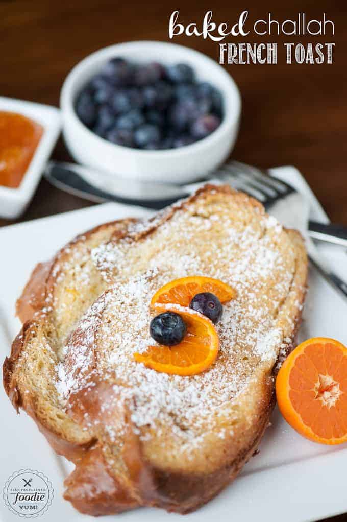 a plate of baked challah french toast