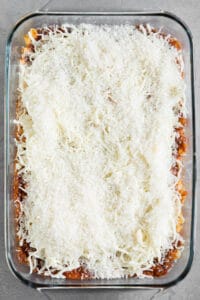mozzarella and parmesan on pasta