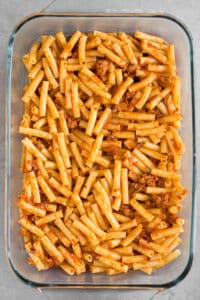 ziti pasta tossed with sauce and sausage