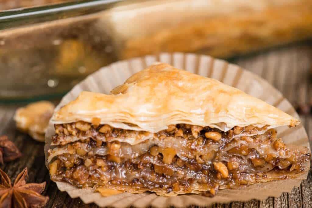 close up of walnut Baklava