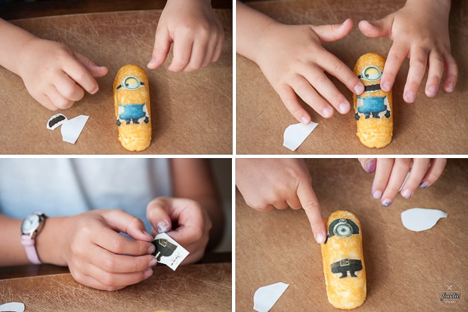 decorating twinkies with minion stickers