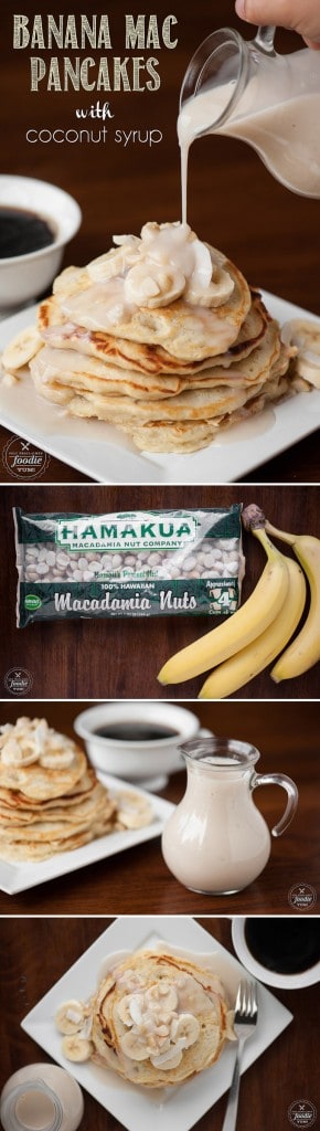 Pretend you\'re eating breakfast on a gorgeous tropical island when you make these Banana Mac Pancakes with Coconut Syrup that your entire family will love.