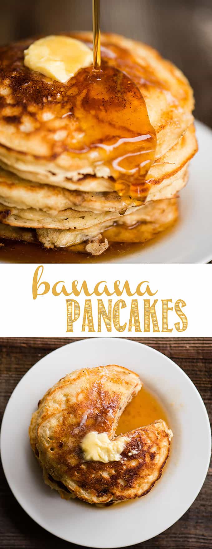 Banana Pancakes made from scratch with mashed ripe banana, walnuts, and buttermilk are what family breakfasts are all about! These fluffy homemade pancakes are perfect with a pad of butter and warm pure maple syrup. Don't bother using a mix when it's so easy to mix up a batch with ingredient you have on hand! #pancakes #banana #bananapancakes #banananut