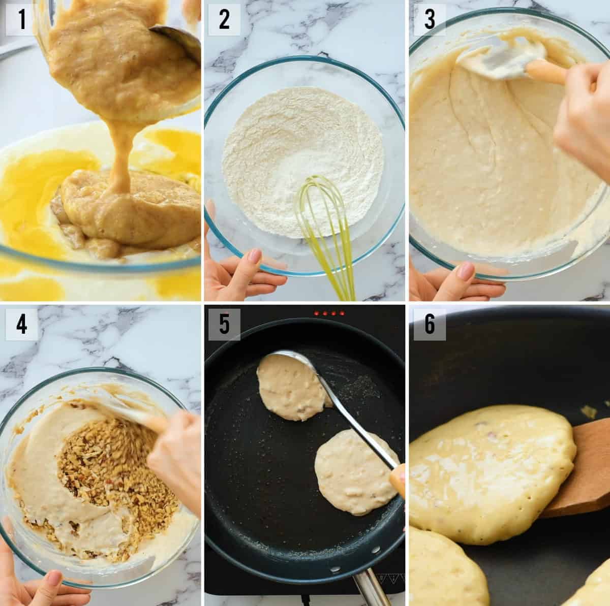 step by step photos of pancake recipe with banana and walnut