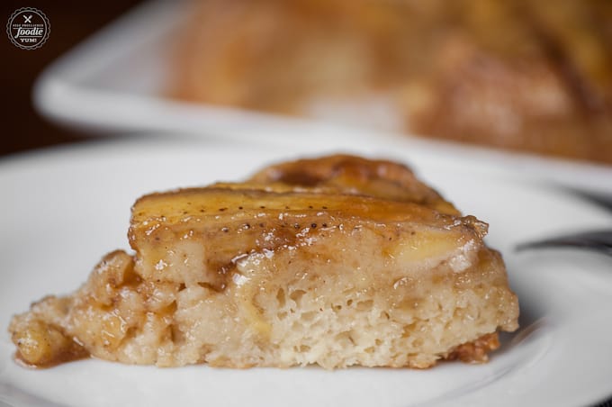 slice of homemade Banana Upside Down Cake on plate