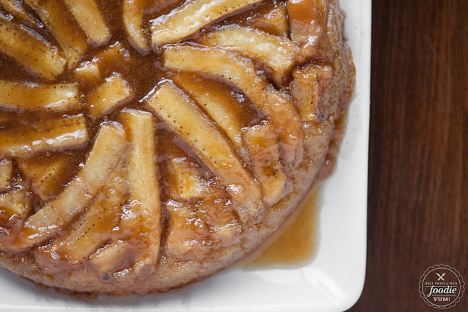 Banana Upside Down Cake on white square plate