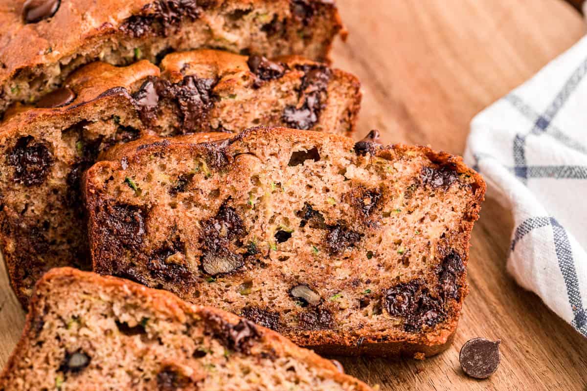 slice of banana zucchini bread with chocolate chips and walnuts.